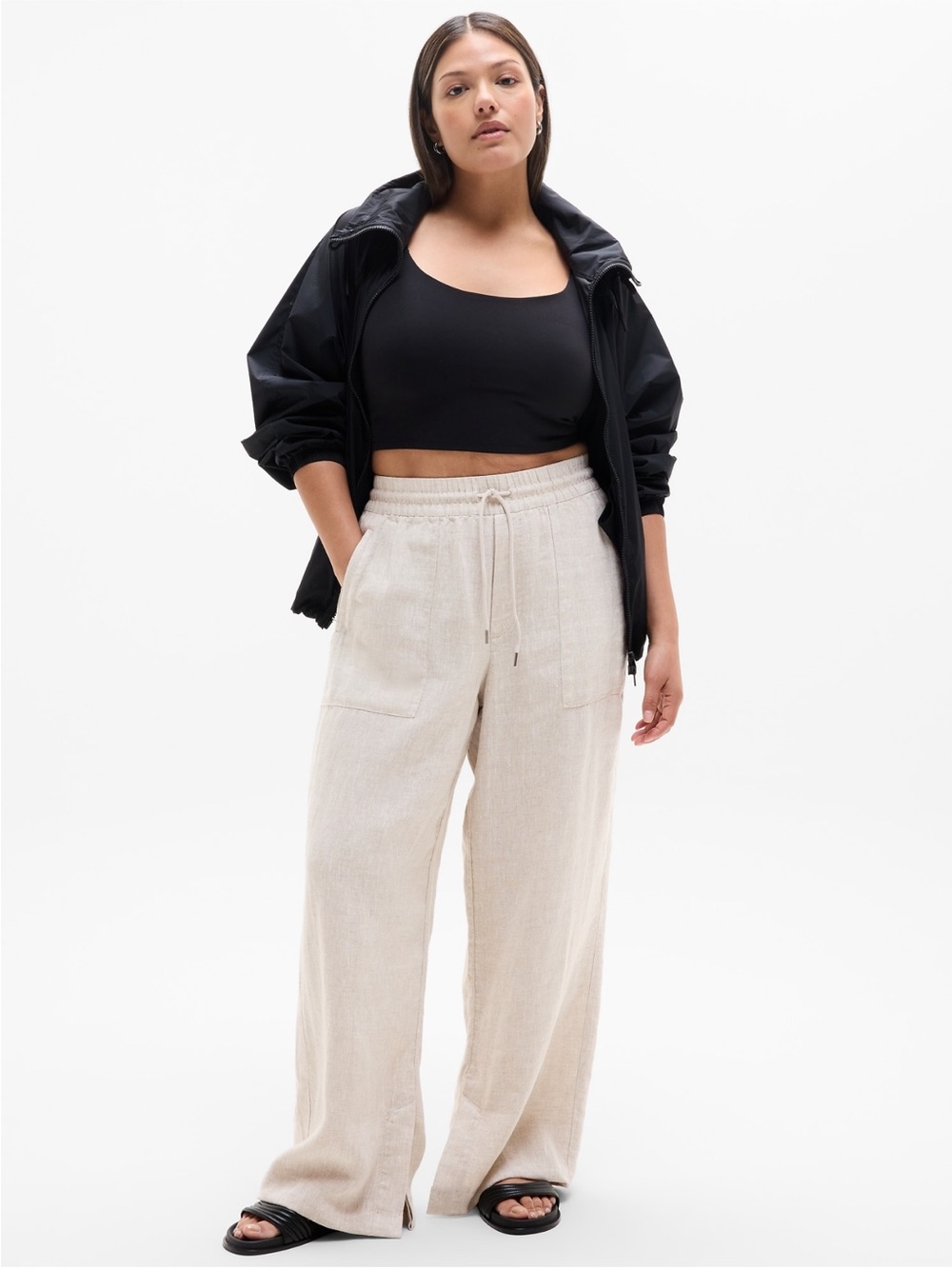 Athleta Retreat Linen high rise Drawstring Wide-Leg Pants undyed PM Front Slits - Picture 5 of 5